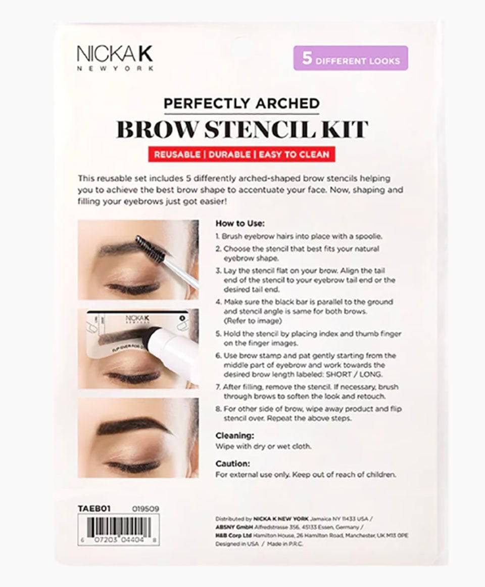 NICKA K NEWYORK Perfectly Arched Brow Stencil Kit with various stencils and tools for shaping eyebrows.