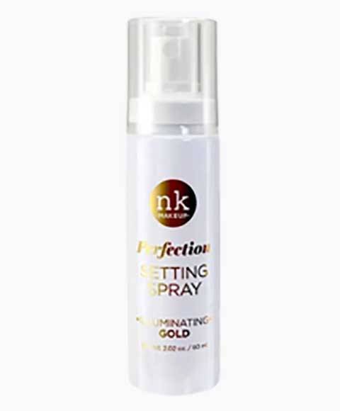 NICKA K NEWYORK NK Perfection Setting Spray Illuminating Gold for face makeup, with a sleek spray bottle and gold accents