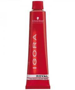 Schwarzkopf Igora Royal permanent hair color tube with hair bleach and color mixing palette on a white background.