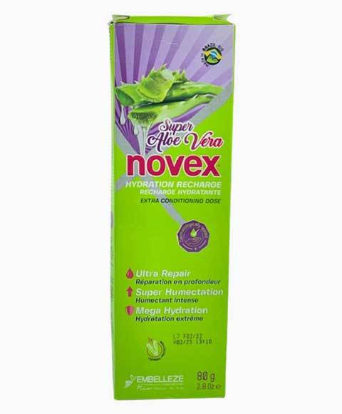 Novex Super Aloe Vera Hydration Recharge conditioner bottle with green aloe vera leaves and product label.
