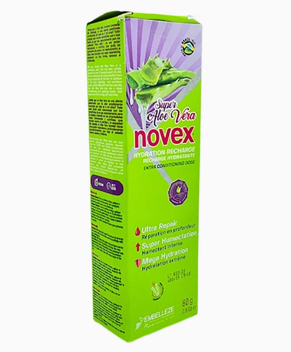 Novex Super Aloe Vera Hydration Recharge conditioner bottle with green and white label and pump dispenser.