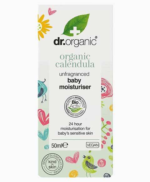 Dr Organic Organic Calendula Baby Moisturiser bottle showing skin-soothing, unfragranced formula for gentle baby skincare.