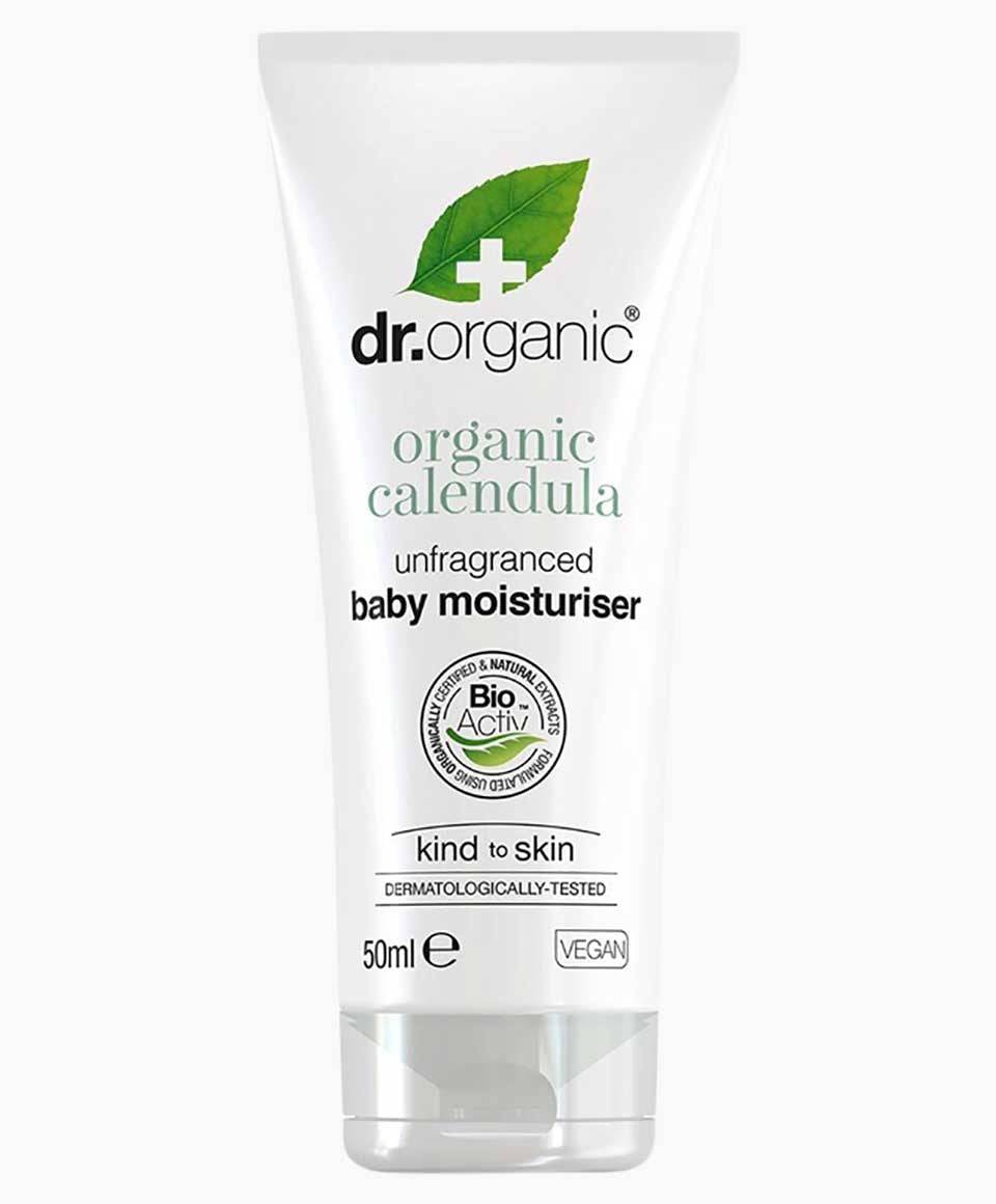 Dr Organic Organic Calendula Baby Moisturiser in a white tube, featuring calming calendula flowers for sensitive, unfragranced skin.