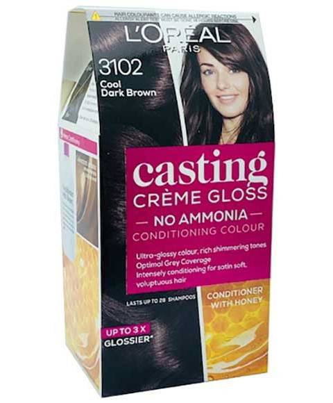Loreal Casting Creme Gloss Conditioning Color 3102 Cool Dark Brown hair dye, showing the product bottle and packaging.