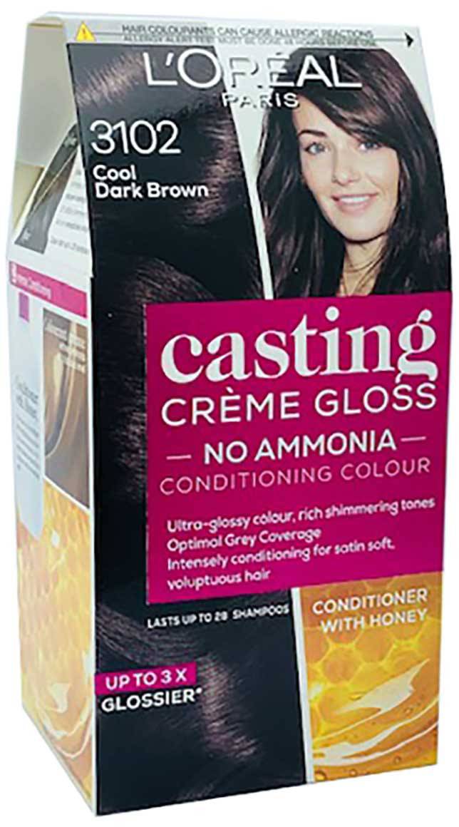 Loreal Casting Creme Gloss Conditioning Color 3102 Cool Dark Brown hair dye in a tube, showing the rich, dark brown shade.