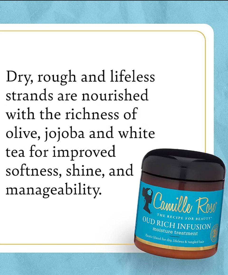 Camille Rose Oud Rich Infusion Moisture Treatment for hair, featuring a jar of Camille Rose Naturals hair treatment product.