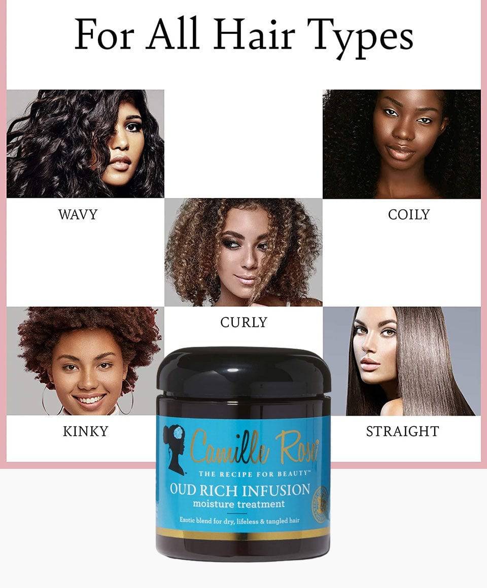 Camille Rose Naturals Oud Rich Infusion Moisture Treatment in a jar, designed for nourishing hair with a rich, luxurious formula.