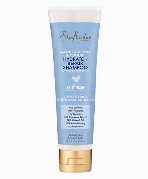 Shea Moisture Manuka Honey and Yogurt Hydrate Repair Shampoo tube, showing the product packaging and branding.