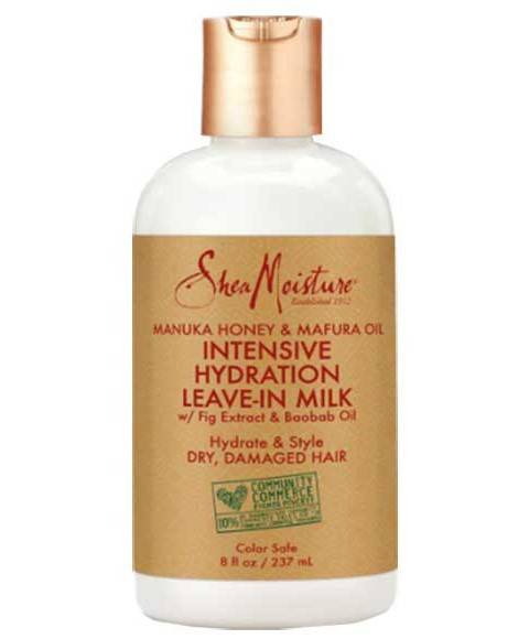 Shea Moisture Manuka Honey and Mafura Oil conditioner bottle, emphasizing intensive hydration for hair.