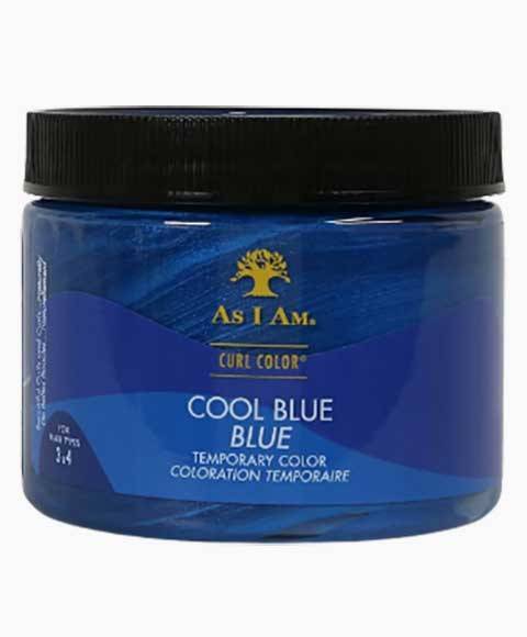 As I Am Curl Color Cool Blue temporary hair color applied on curly hair, vibrant blue shade, hair coloring and bleaching product