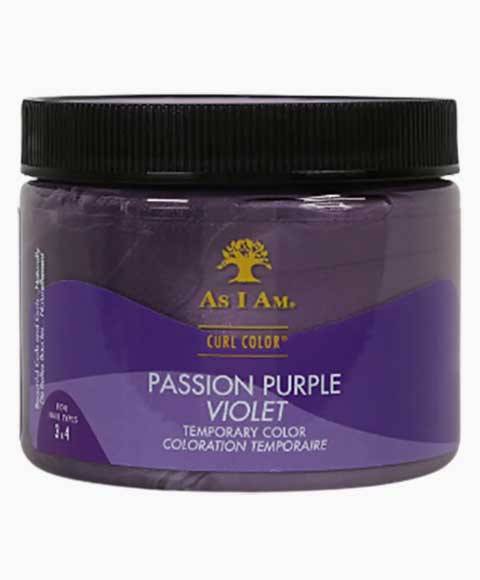 As I Am Curl Color Passion Purple Violet temporary hair color applied to curly hair, showcasing vibrant purple violet shade.