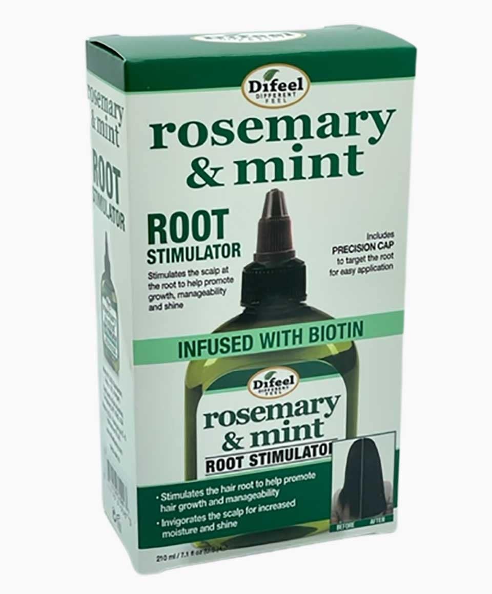 Difeel Rosemary and Mint Root Stimulator hair treatment bottle infused with biotin, designed to promote healthy hair growth.