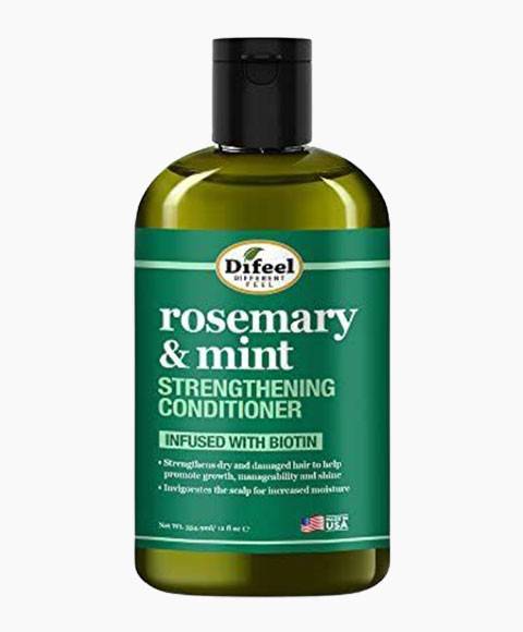 Difeel Rosemary and Mint strengthening conditioner bottle infused with biotin, with fresh rosemary and mint sprigs nearby.