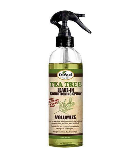 Difeel Tea Tree Volumize Leave-In Conditioning Spray bottle for hair, featuring tea tree oil for added volume and freshness.