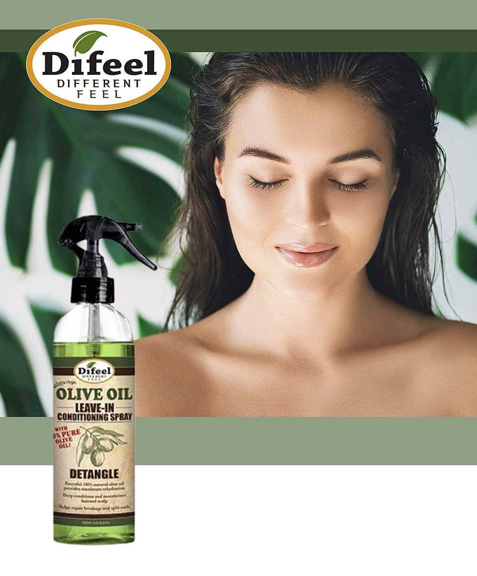 Difeel Olive Oil Detangle Leave-In Conditioner spray bottle with label, designed for nourishing and detangling hair.