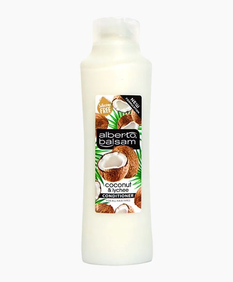 Alberto Balsam Coconut and Lychee nourishing conditioner bottle with label, showcasing a creamy hair conditioner product.