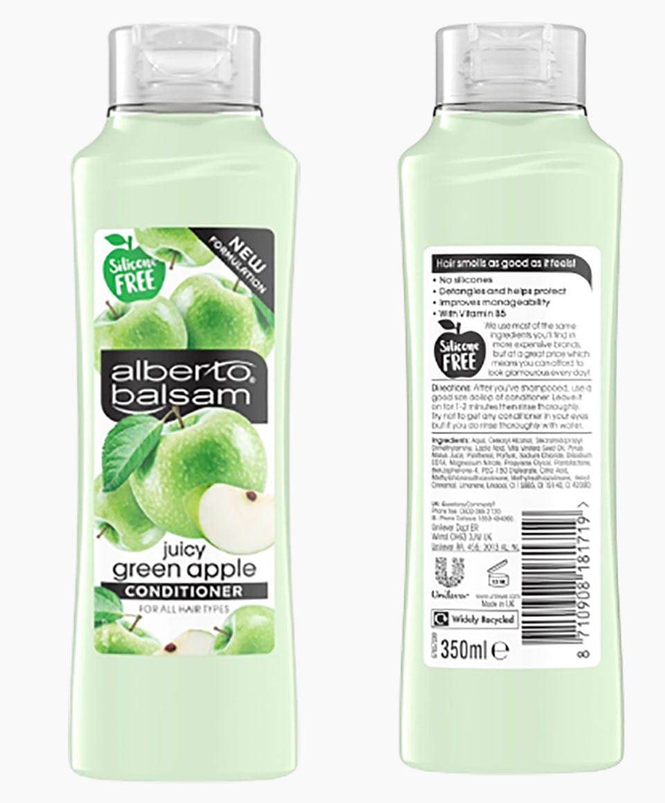Alberto Balsam Juicy Green Apple refreshing conditioner bottle with green apple imagery, designed for revitalizing hair.