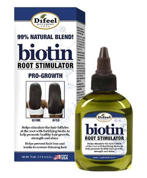 Difeel Natural Blend Biotin Root Stimulator hair treatment bottle with applicator for promoting hair growth and strengthening.