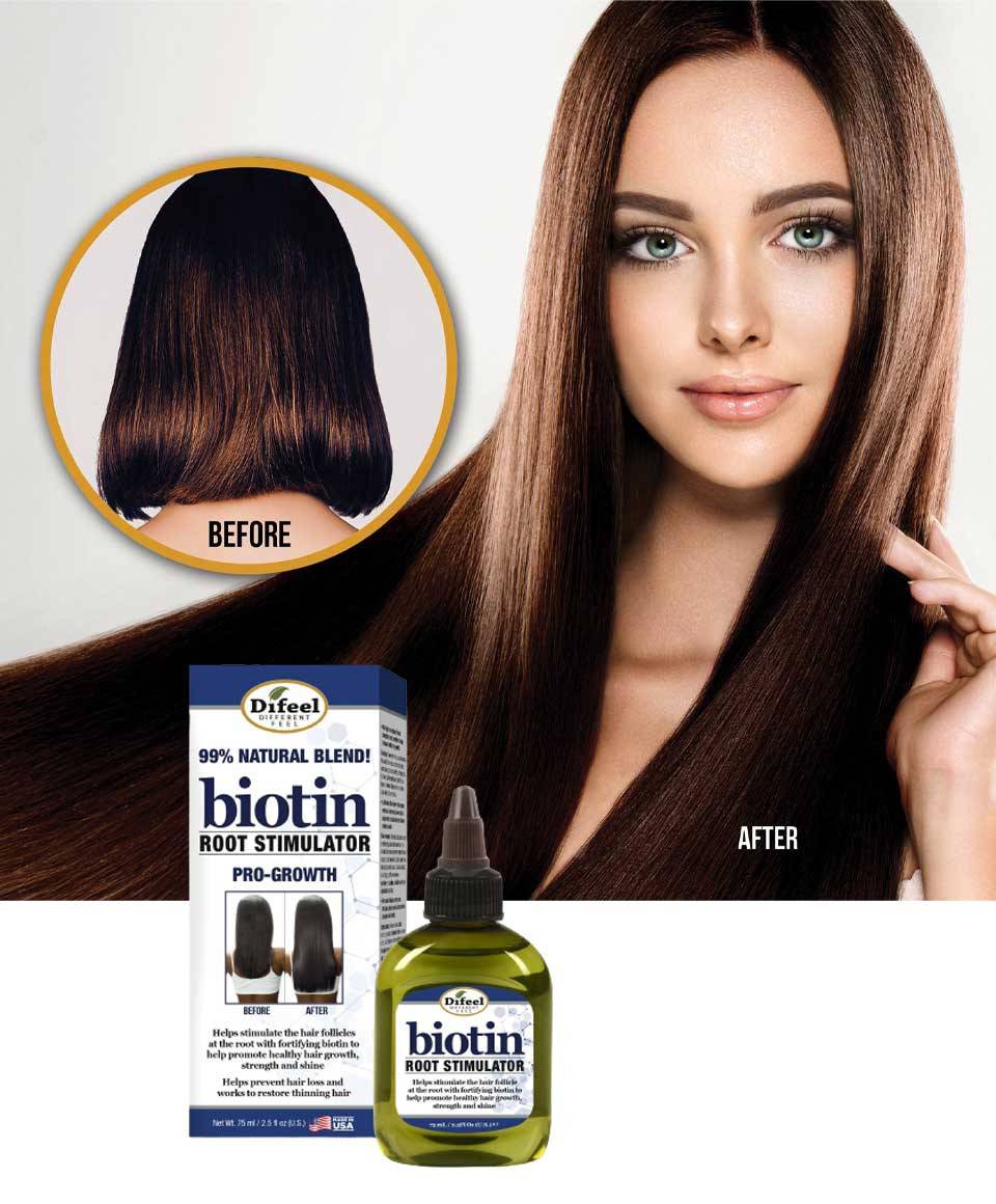 Difeel Natural Blend Biotin Root Stimulator hair treatment bottle with applicator tip on a white background.