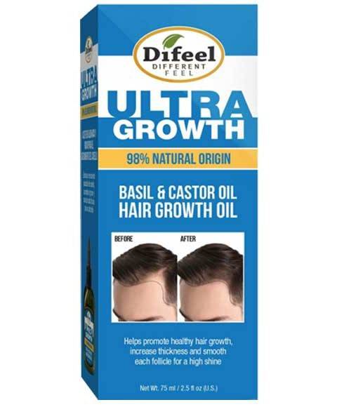 Difeel Ultra Growth Basil and Castor Hair Growth Oil bottle, natural hair treatment for thicker, healthier hair.