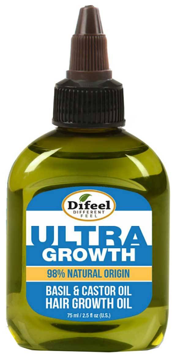 Difeel Ultra Growth Basil and Castor Hair Growth Oil in a bottle, natural hair treatment for scalp nourishment and hair strengthening.