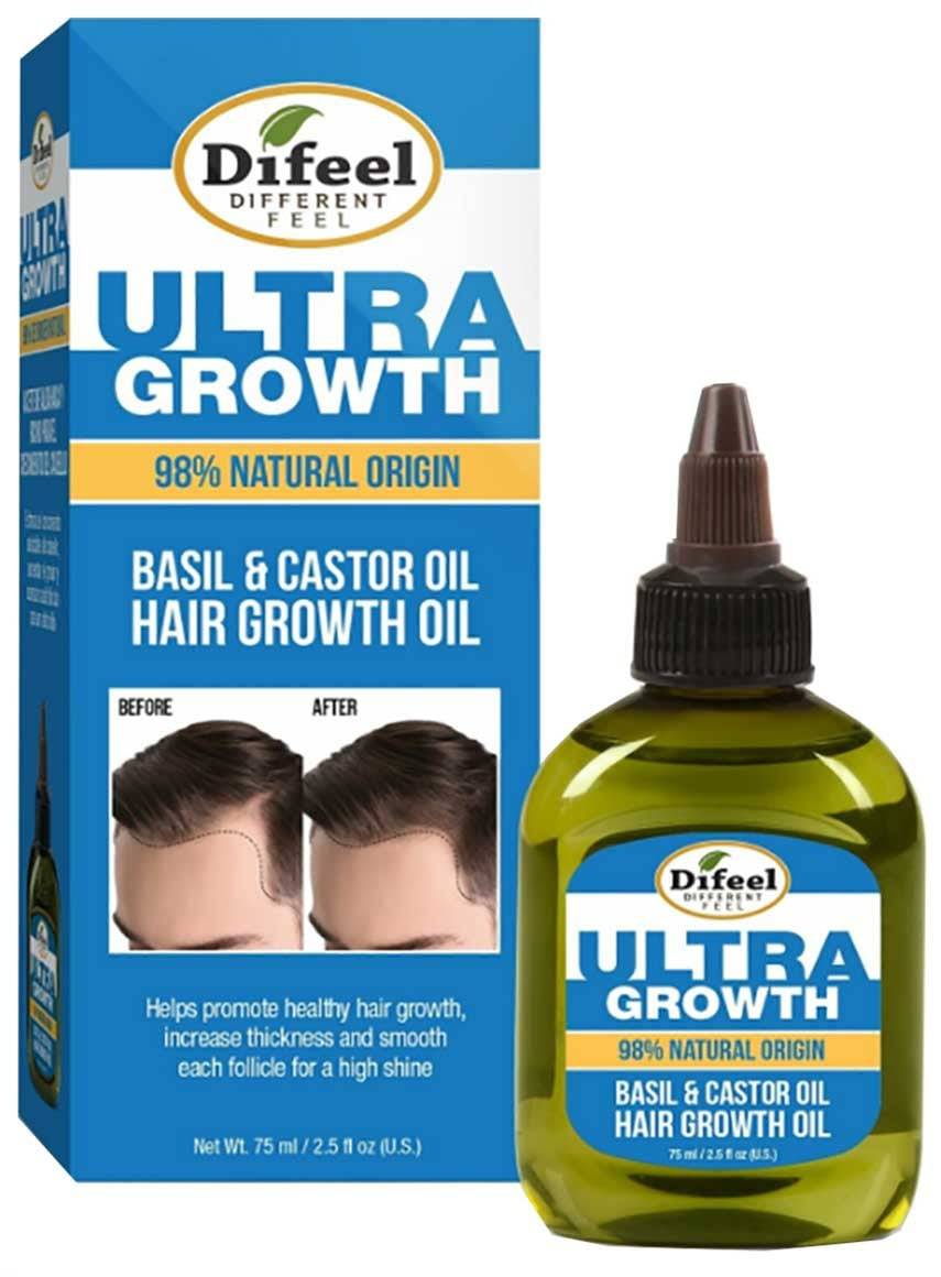 Difeel Ultra Growth Basil and Castor Hair Growth Oil bottle, natural hair treatment for revitalizing and promoting hair growth.