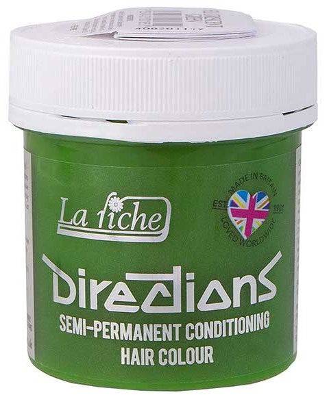 Directions Semi Permanent Fluorescent Green hair color from La Riche, showing vibrant green hair dye in a tube.