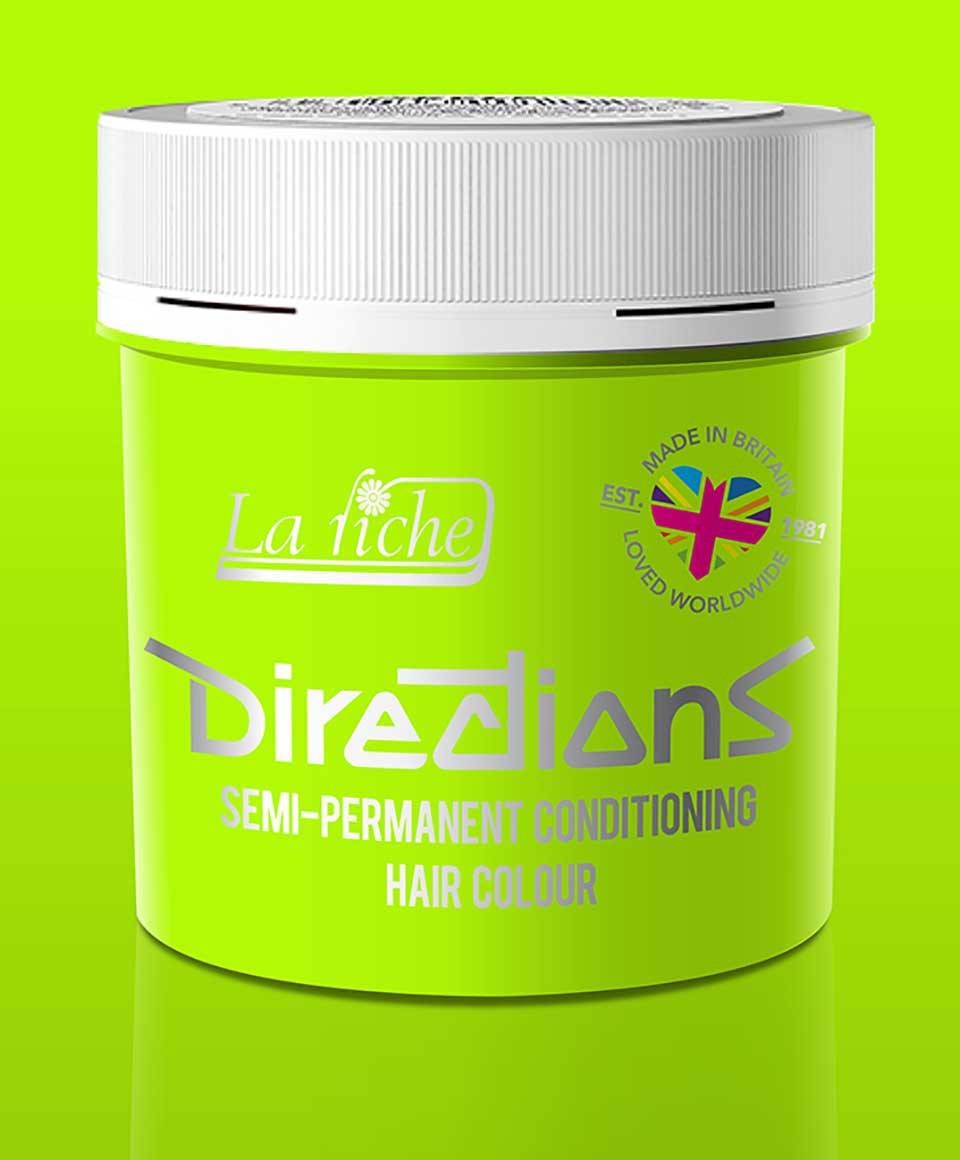 Directions Semi Permanent Fluorescent Green hair color by La Riche, showing vibrant green dye applied to hair strands.