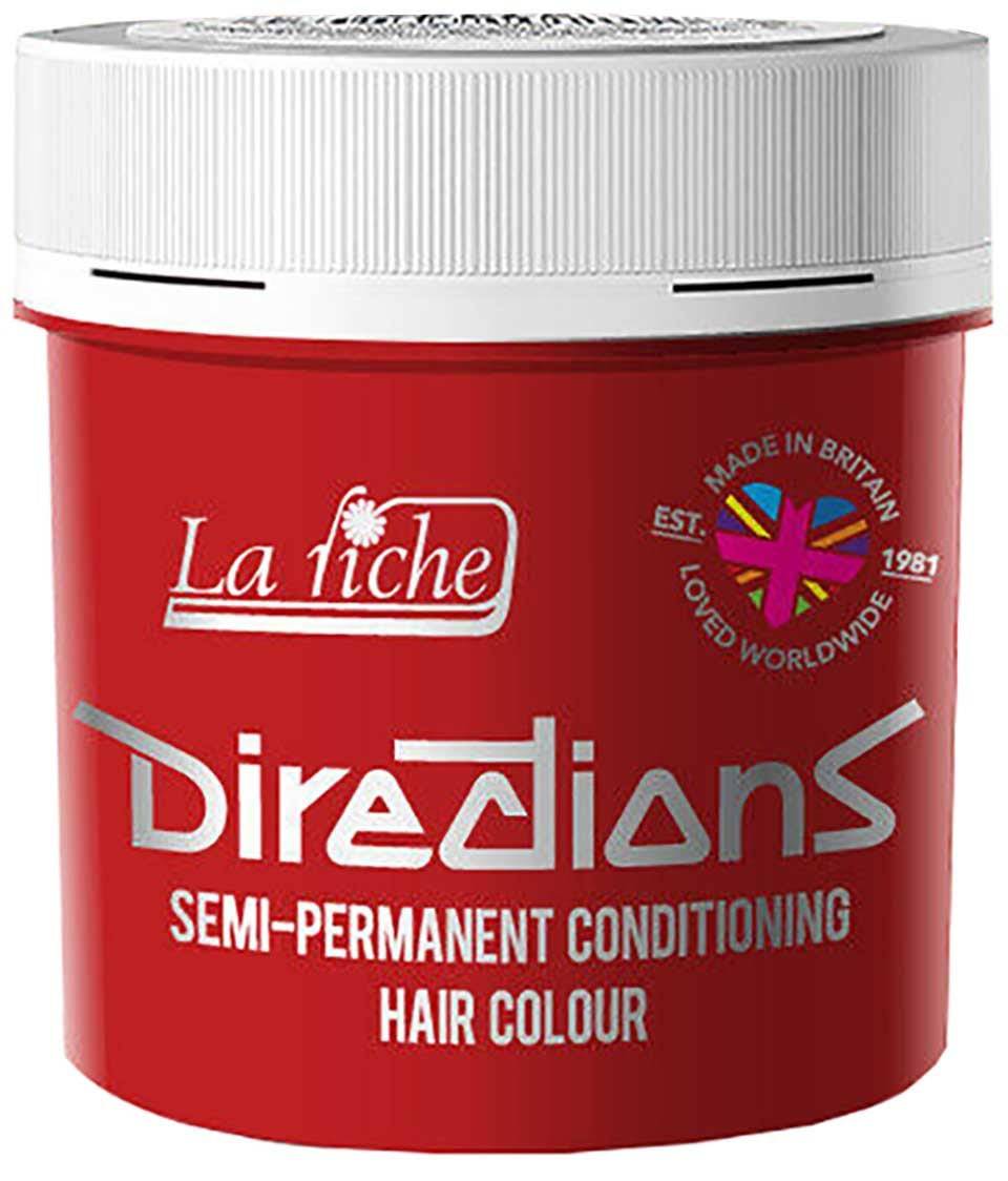 Directions semi-permanent fluorescent orange hair color by La Riche, showing vibrant orange dye in a bottle and application tools.