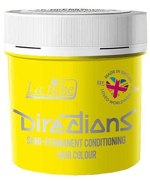 Directions Semi Permanent Hair Color in Fluorescent Yellow by La Riche, showing vibrant, bright yellow hair dye in a tube.