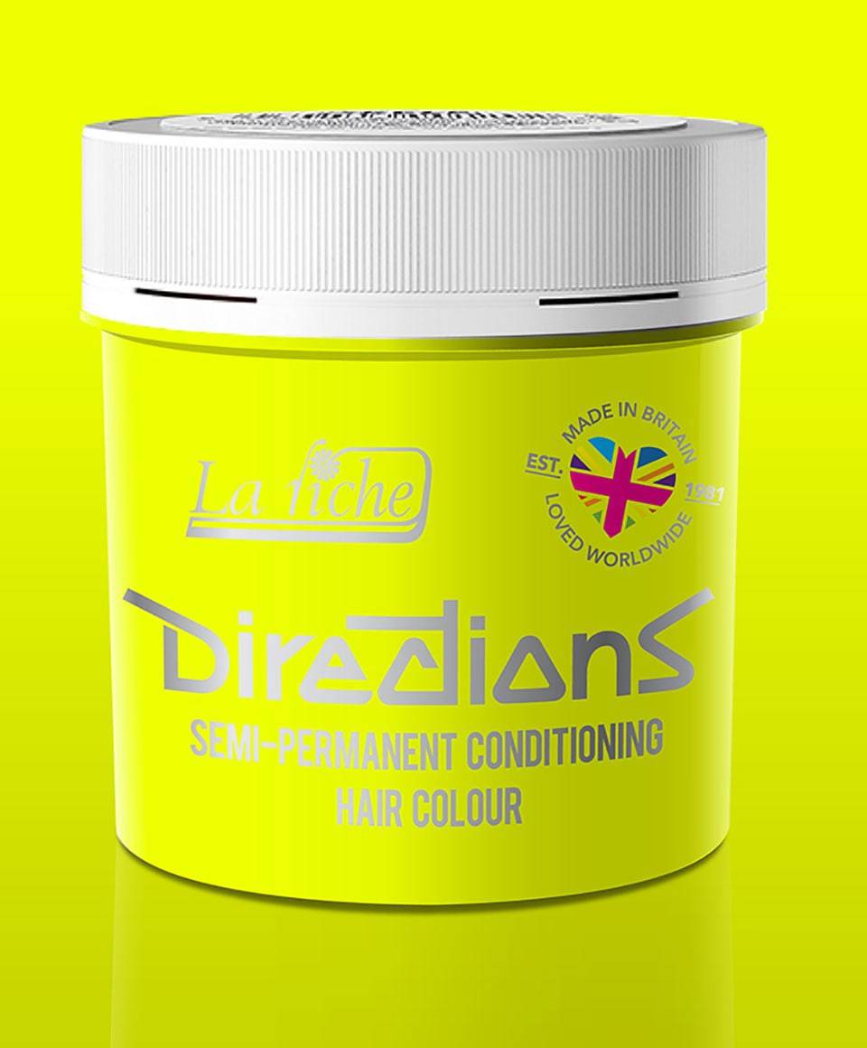 Directions Semi Permanent Hair Color in Fluorescent Yellow by La Riche, showing vibrant yellow hair dye in a tube.