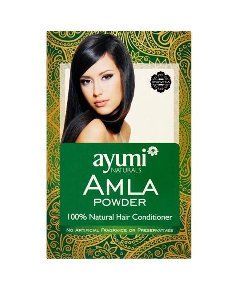 Ayumi Naturals Amla Powder for hair treatment, showing the green powdered herbal product in a clear container.