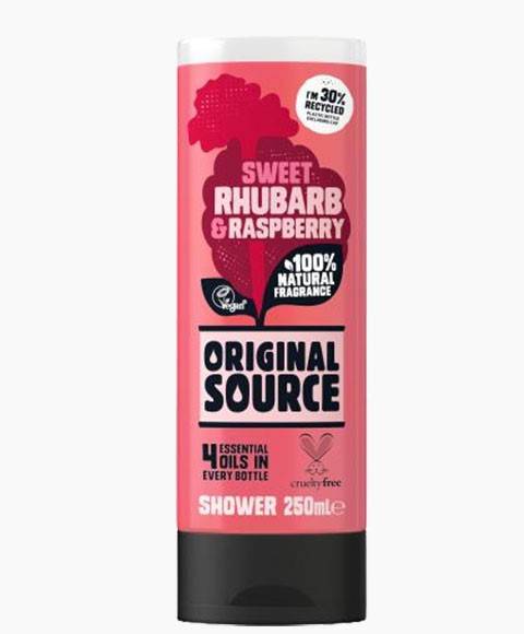 Original Source Sweet Rhubarb and Raspberry bath and shower gel bottle with pink and purple floral design.
