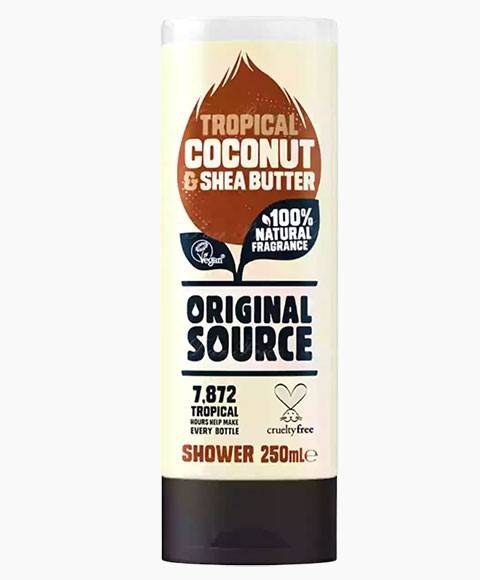 Original Source tropical coconut and shea butter shower gel bottle, bath and shower product, with tropical coconut scent and creamy texture.