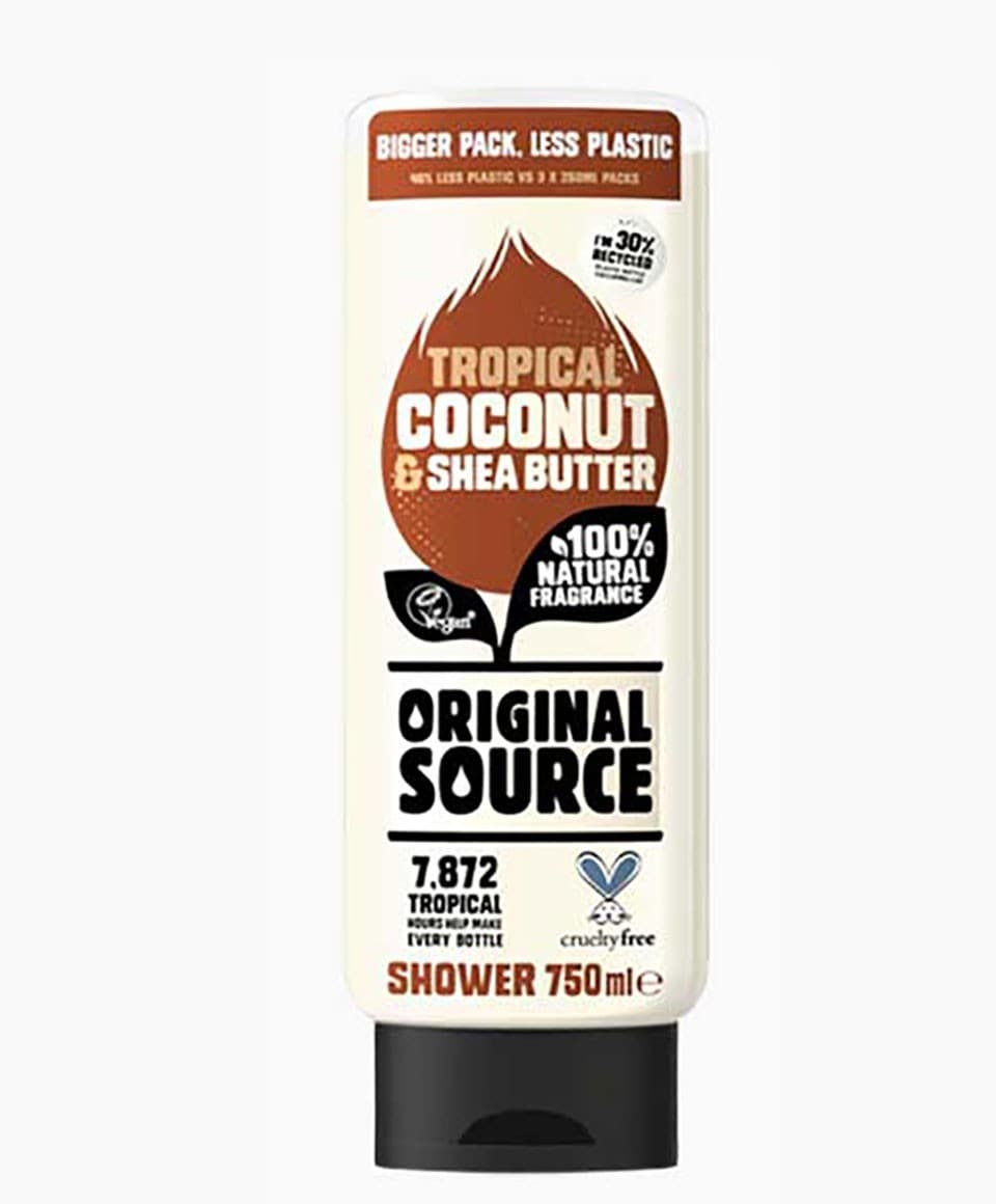 Original Source Tropical Coconut and Shea Butter Shower Gel bottle for bath and shower, with tropical coconut and shea butter ingredients.