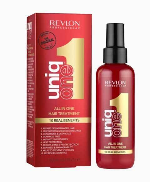Revlon Unique One All In One Hair Treatment bottle, showcasing the hair treatment product in clear packaging.
