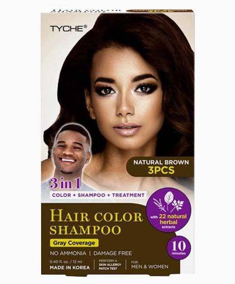 NICKA K NEWYORK Tyche 3-in-1 Hair Color Shampoo in natural brown, showing the shampoo bottle with label and product packaging.