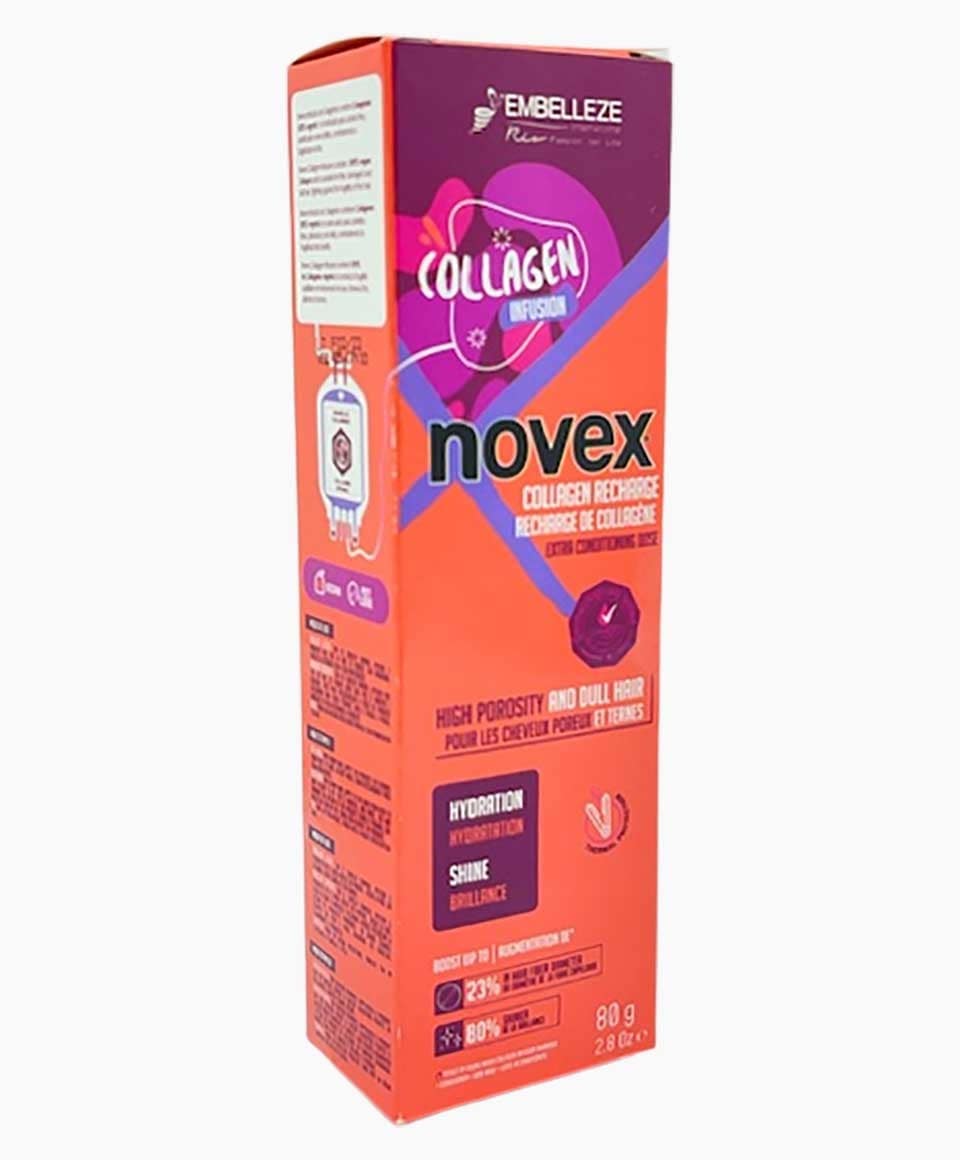 Novex Collagen Infusion Hair Treatment bottle with pump, designed to boost hair strength and shine.