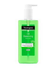 Neutrogena oil balancing facial wash with lime and aloe vera, Johnson & Johnson Skin Basics product, showing the bottle and ingredients.