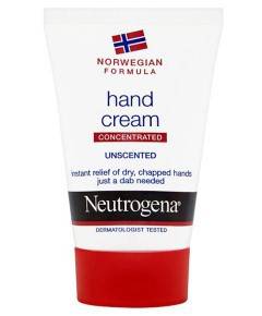 Neutrogena Norwegian Formula Unscented Hand Cream in a tube, designed for moisturizing and soothing dry hands.