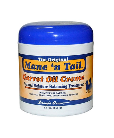 Mane N Tail Carrot Oil Creme conditioner bottle with label, natural moisture balancing treatment for hair care.