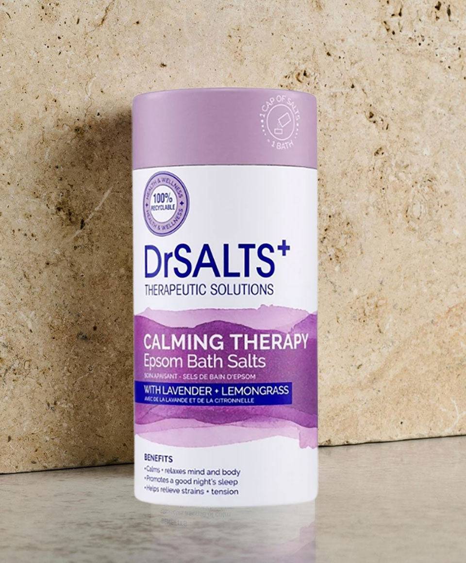 Dr Salts Calming Therapy Epsom Bath Salts in a jar, designed for relaxing bath and shower experiences with soothing ingredients.