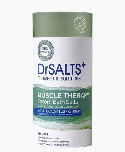 Dr Salts Muscle Therapy Epsom Bath Salts in a jar, designed for relaxing muscle relief during bath and shower use.