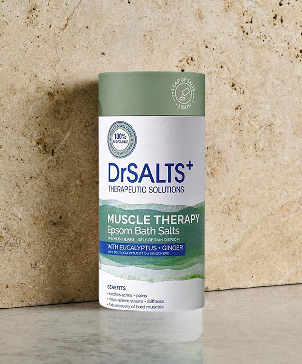 Dr Salts Muscle Therapy Epsom Bath Salts in a jar, designed for relaxing muscle relief in bath or shower use.