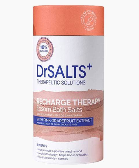 Dr Salts Recharge Therapy Epsom Bath Salts in a clear jar, designed for relaxing bath and shower use with soothing mineral blend.