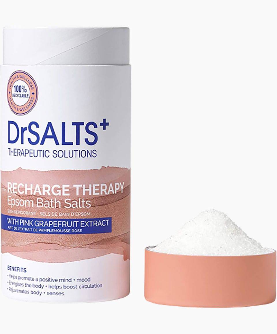 Dr Salts Recharge Therapy Epsom Bath Salts in a clear jar, designed for soothing bath and shower relaxation.