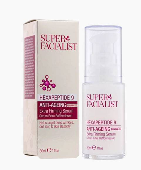 Super Facialist Hexapeptide 9 anti-aging serum in a clear moisturizer bottle, showing the product label and pump dispenser.