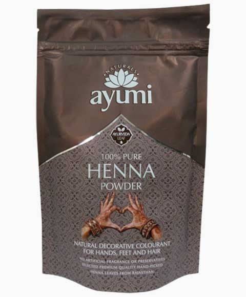 Ayumi Naturals 100% Pure Henna Powder for hair coloring and bleaching, showing vibrant green henna leaves and powder in a bowl.