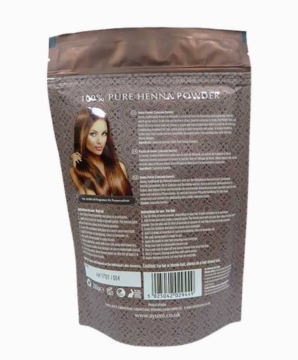 Ayumi Naturals 100% pure henna powder for hair coloring and bleaching, showcasing vibrant reddish-brown henna leaves and powder.