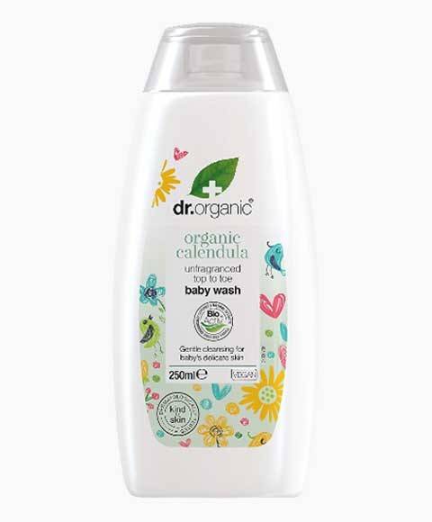 Dr Organic Organic Calendula Baby Wash in a bottle, designed for gentle bath and shower use for babies.